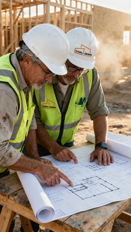 Two engineers in hard hats and Khali Zerin vests reviewing construction drawings