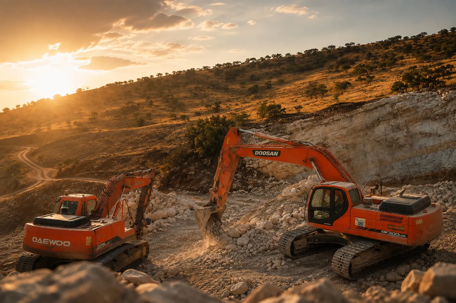 Two orange excavators working a hillside at sunset