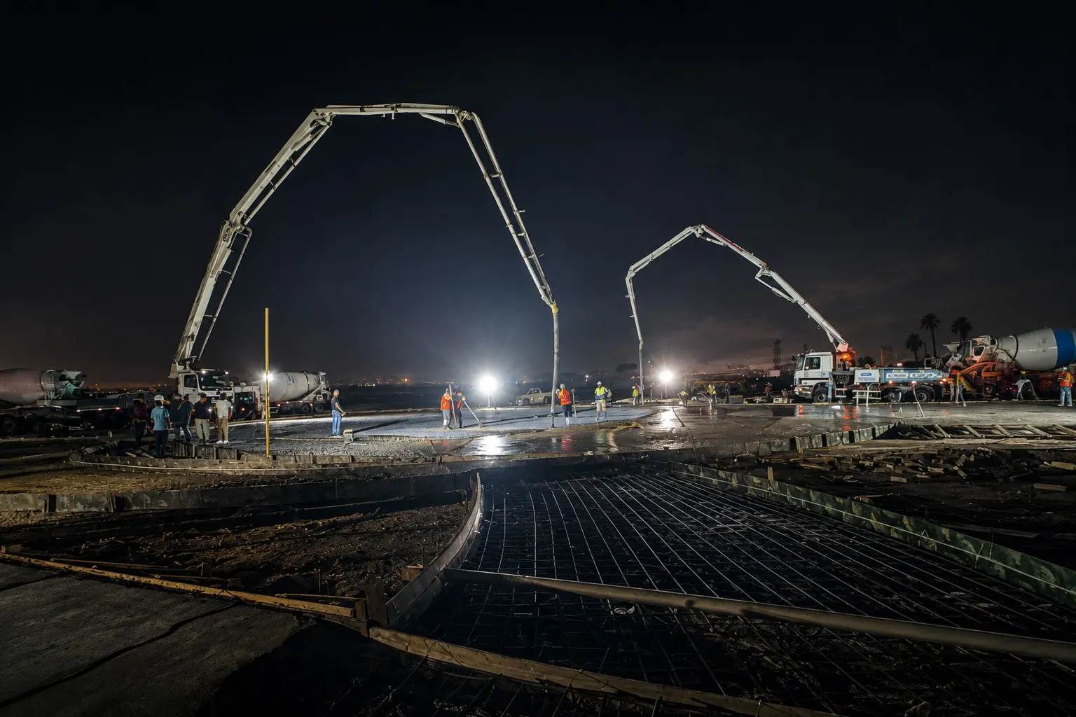Concrete pump booms placing a slab at night under floodlights