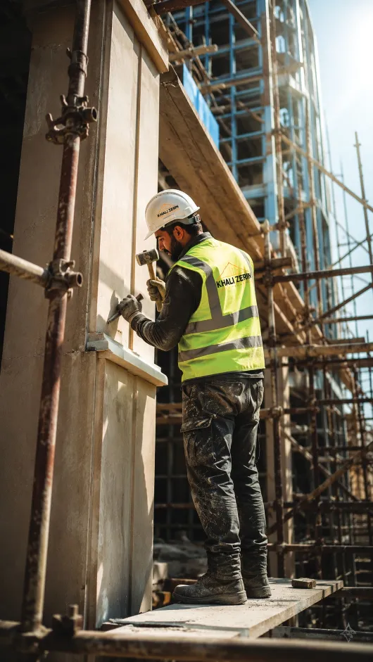 Builder finishing a plastered facade with a hammer on scaffolding